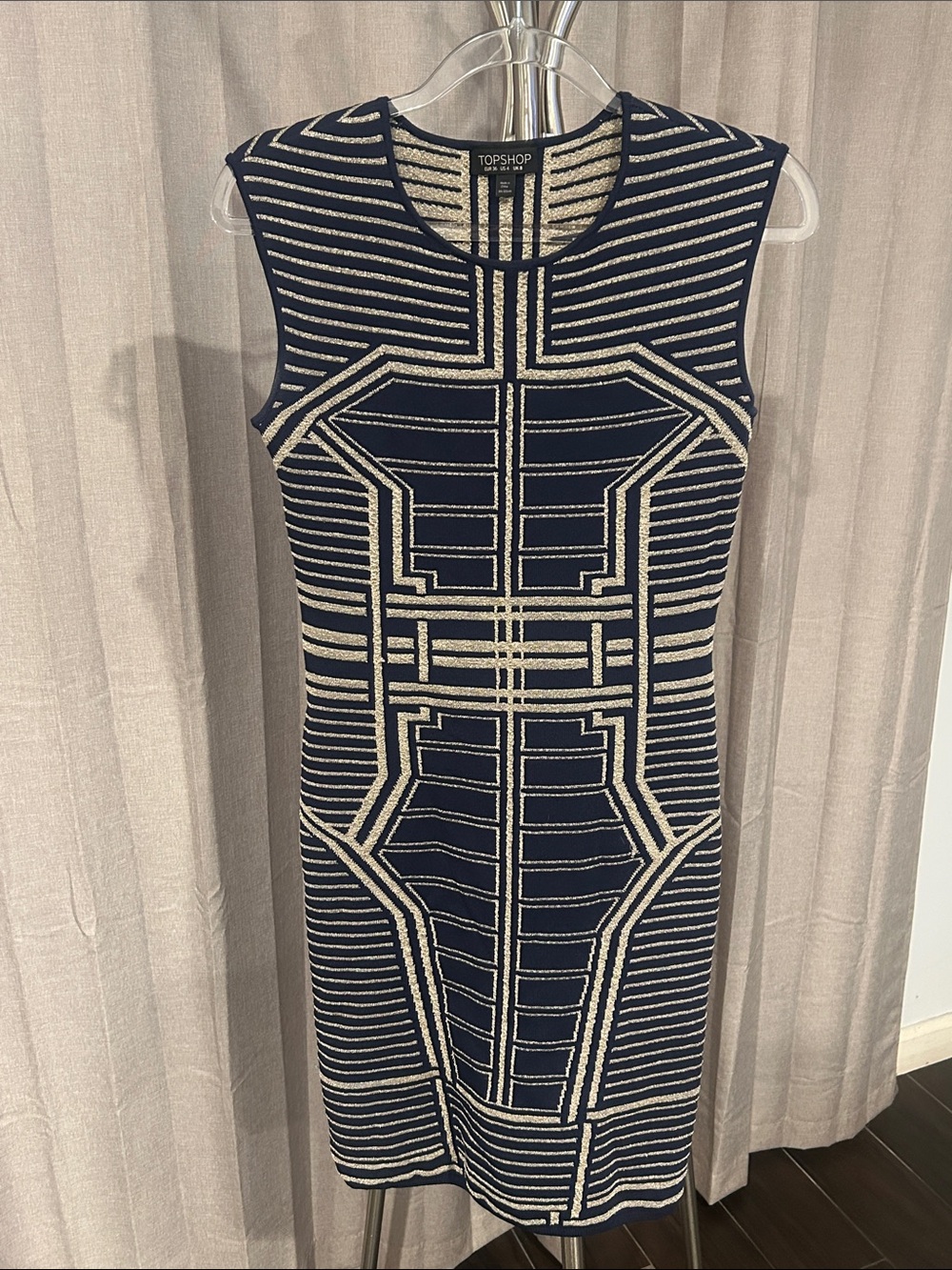 TOPSHOP navy and cream structured geometric midi dress